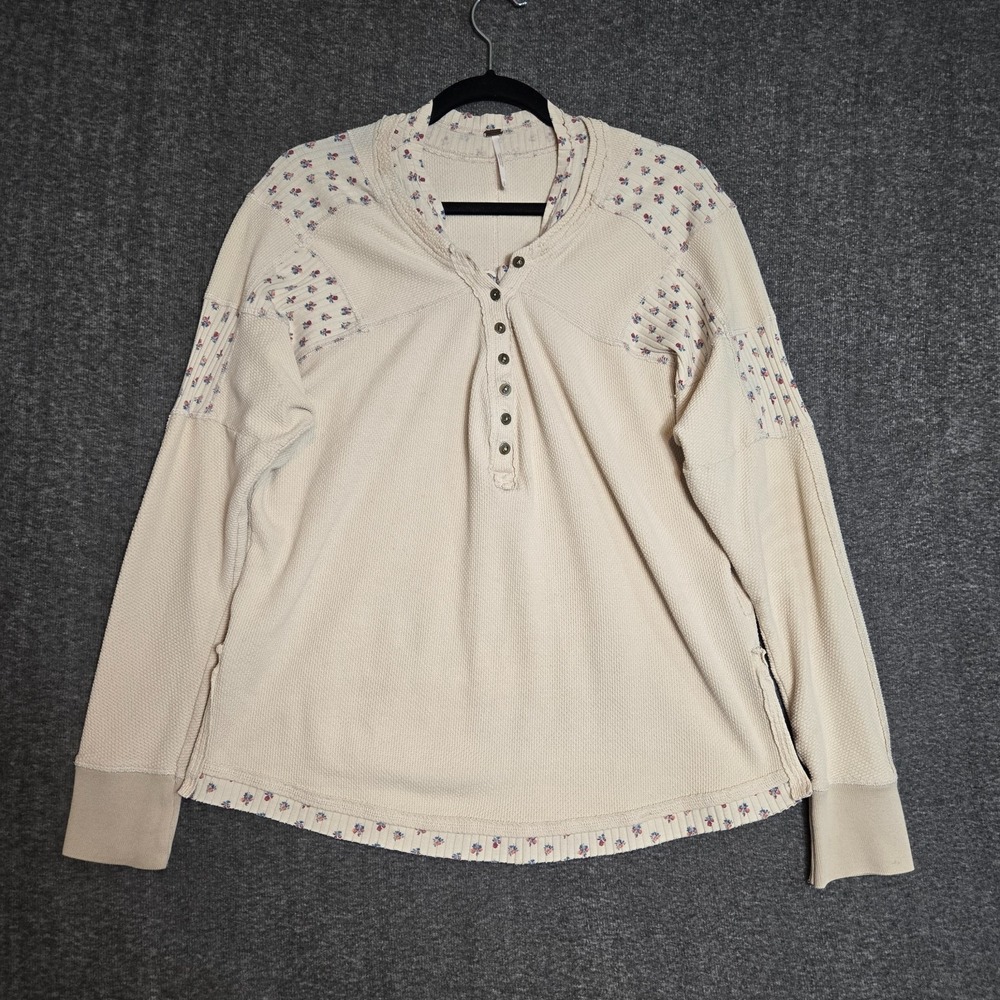 Free People Heart to Heart Henley Long Sleeve Beige Thermal Top Womens‎ Sz S